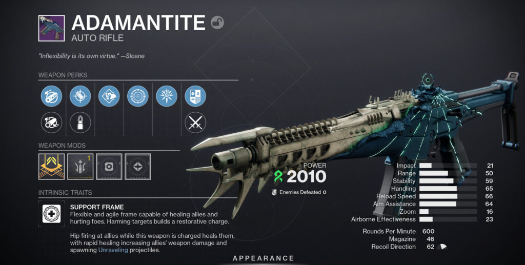 The Adamantite rifle in Destiny 2 with stats.
