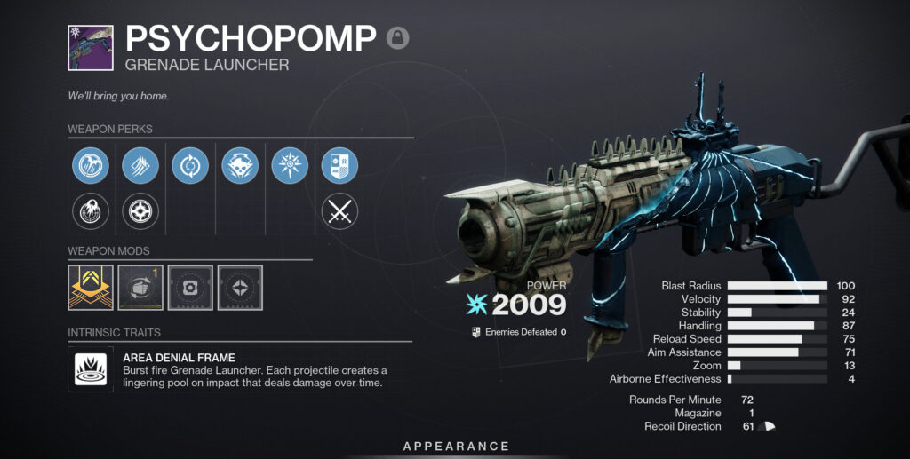 The Psychopomp grenade launcher with stats in Destiny 2.