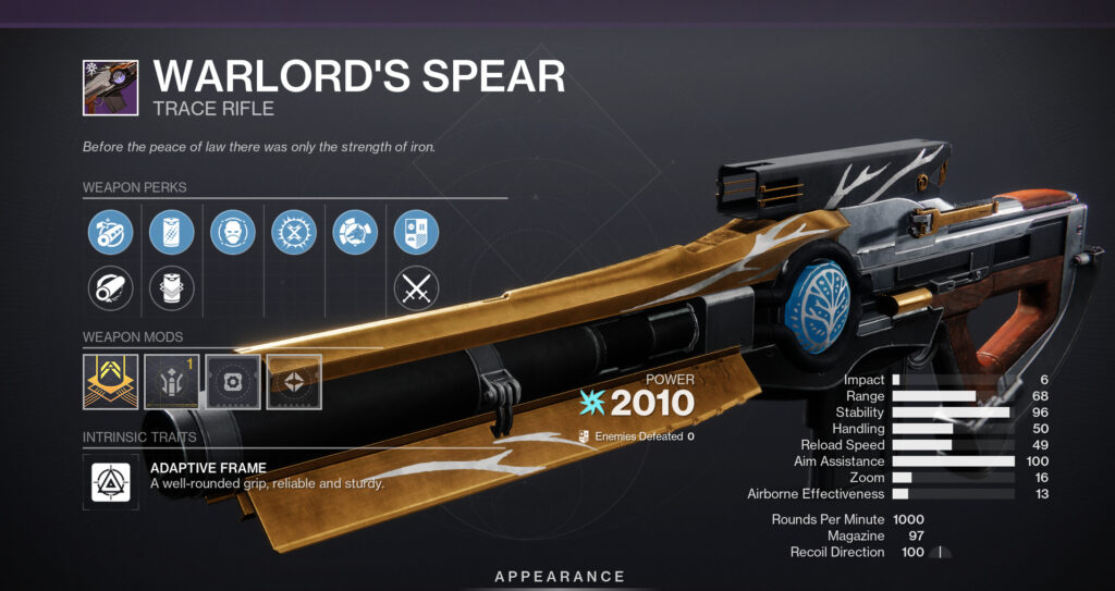 Warlord's Spear in Destiny 2 with perks.