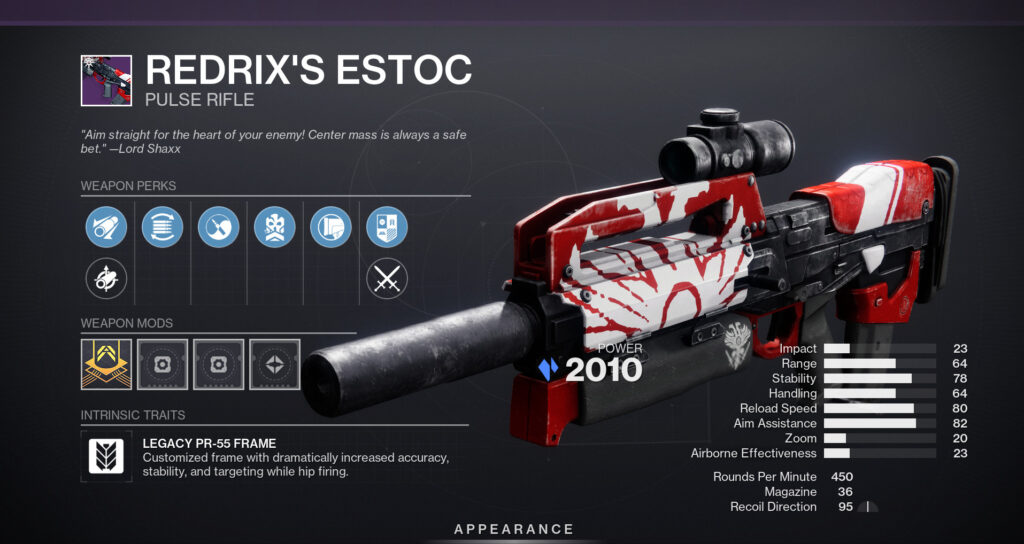 Redrix's Estoc in Destiny 2 with perks and stats.