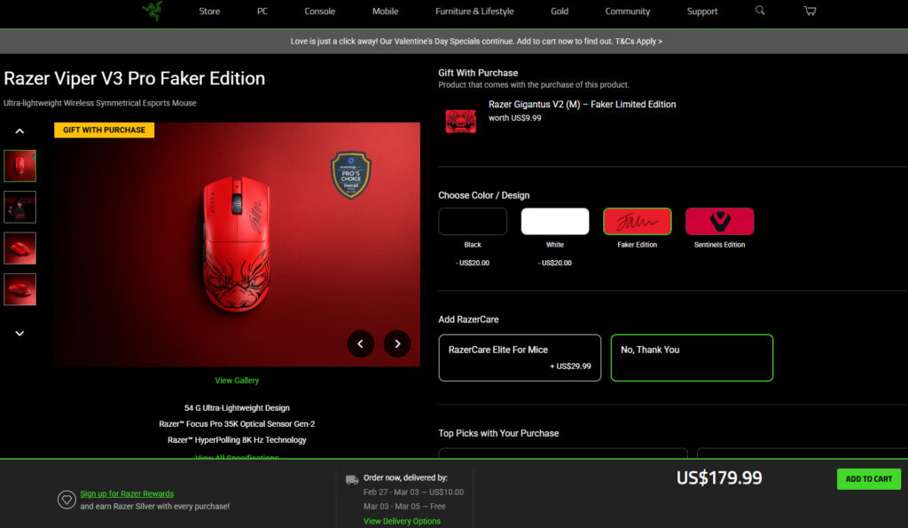 Razer Viper V3 Pro Faker Edition mouse is available for purchase for US$179.99 on the official Razer website.