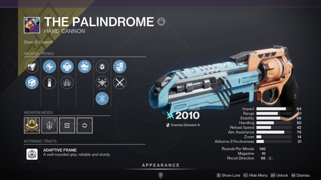 The Palindrome hand cannon from Destiny 2, with stats and perks included.