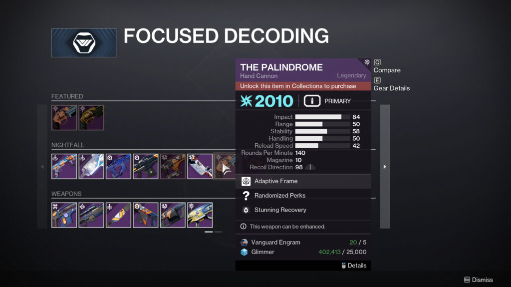 The Vanguard decoding screen in Destiny 2 with The Palindrome selected.