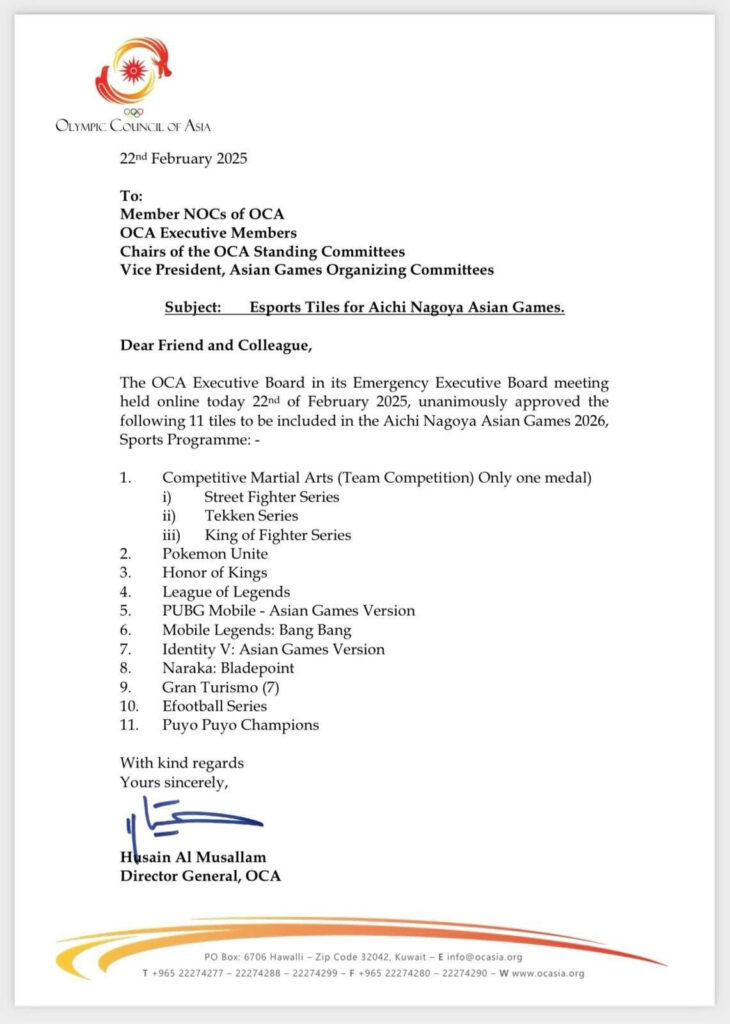 List of esports titles for the Aichi Nagoya Asian Games 2026, as confirmed by OCA.