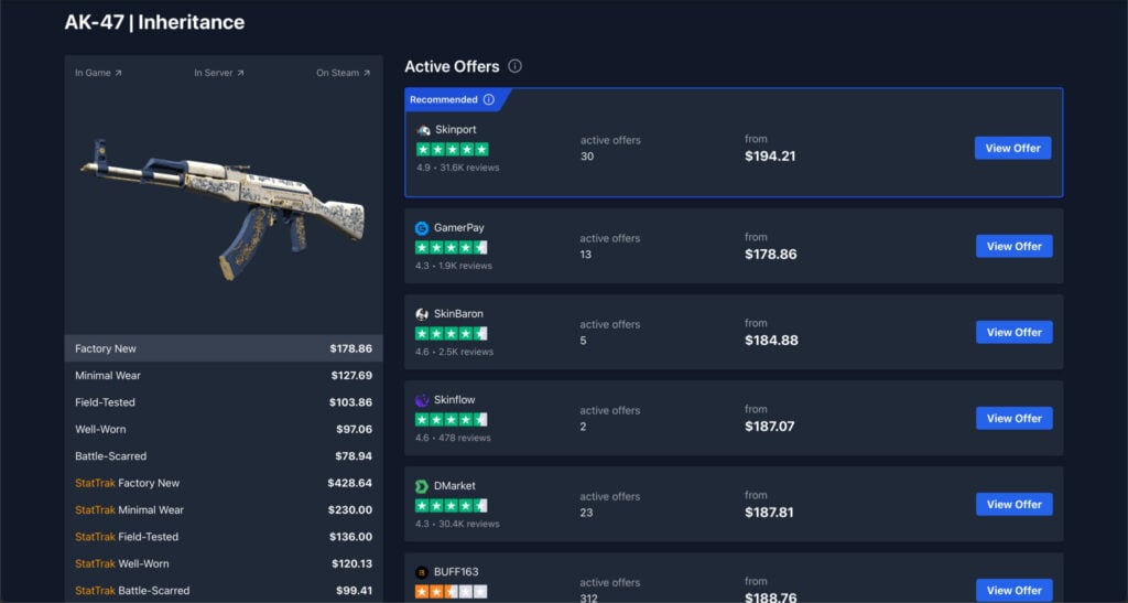 Skins Aggregator services allow you to compare prices across sites.