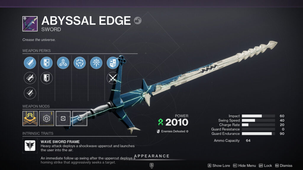 Abyssal Edge sword from Destiny 2 with stats and perks.