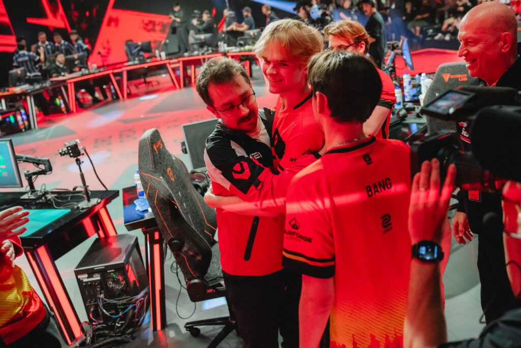 (L-R) Coach kaplan, "N4RRATE," and "bang" of Sentinels after victory at VCT Americas Kickoff on Day 2 of Week 4 at Riot Games Arena on February 7, 2025.