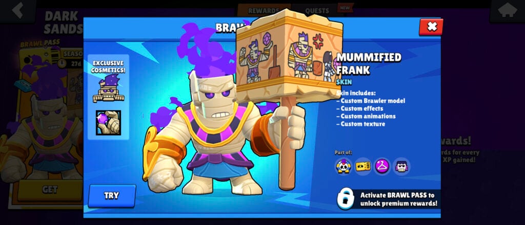 The screenshot shows one of the skins for Frank in Brawl Stars: Mummified Frank.