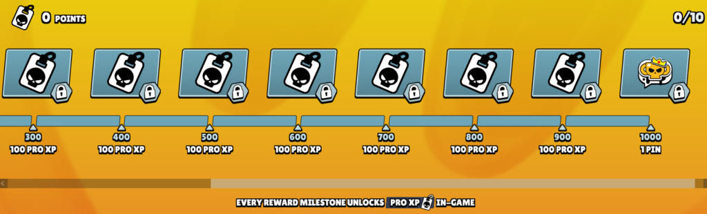 The screenshot shows viewership rewards at the Brawl Stars esports event Championship 2025 March Monthly Finals: Pro XP for different amounts of points.