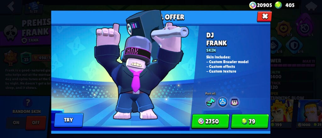 The screenshot shows one of the skins for Frank in Brawl Stars: DJ Frank.