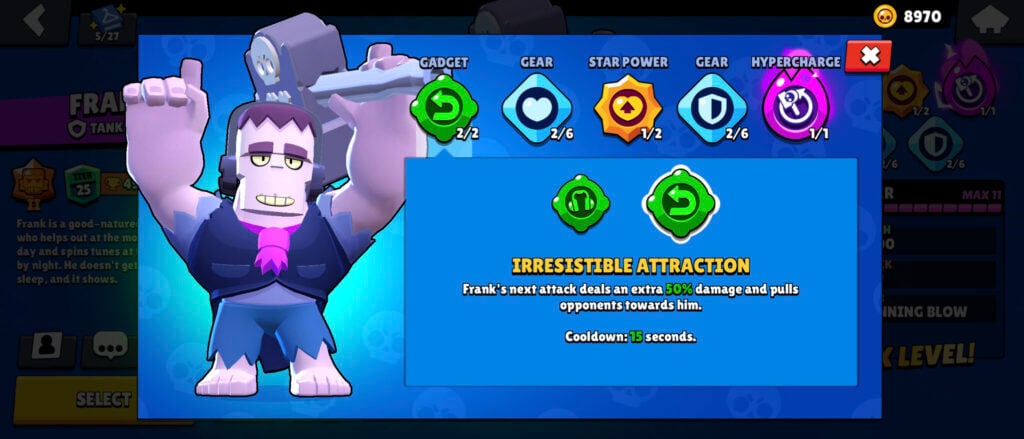 The screenshot from the mobile game Brawl Stars shows the best Gadget for the brawler Frank: Irresistible Attraction.