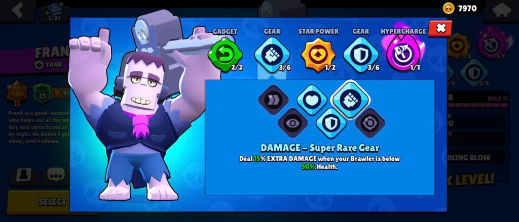 The screenshot from the mobile game Brawl Stars shows the best Gears for the brawler Frank: Damage and Shield.