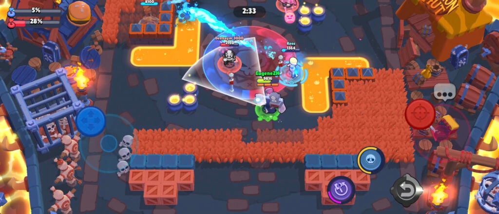 The screenshot from Brawl Stars shows the character Frank in the game mode Hot Zone.