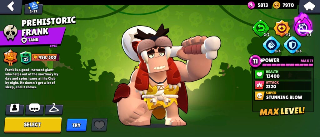 The screenshot shows one of the skins for Frank in Brawl Stars: Prehistoric Frank.