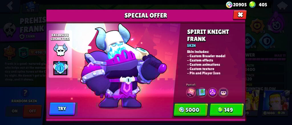 The screenshot shows one of the skins for Frank in Brawl Stars: Spirit Knight.
