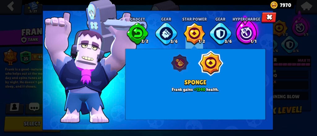 The screenshot from the mobile game Brawl Stars shows the best Star Power for the brawler Frank: Sponge.