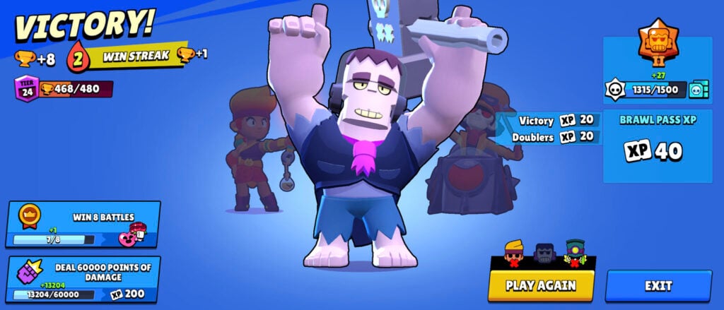 The screenshot shows the victory celebration by the Brawl Stars character Frank: for a guide on how to play this brawler.
