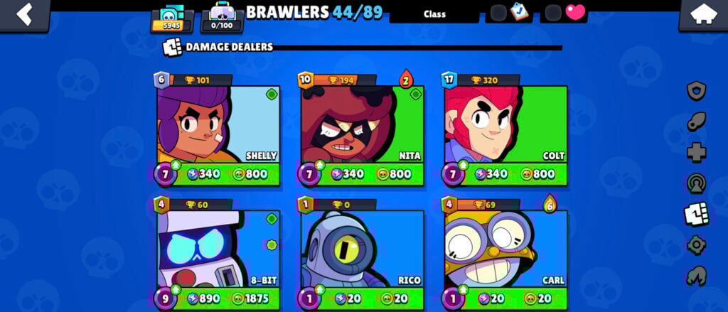 The screenshot shows the Brawl Stars roster: the character class Damage Dealer can be dangerous for Frank in this game.