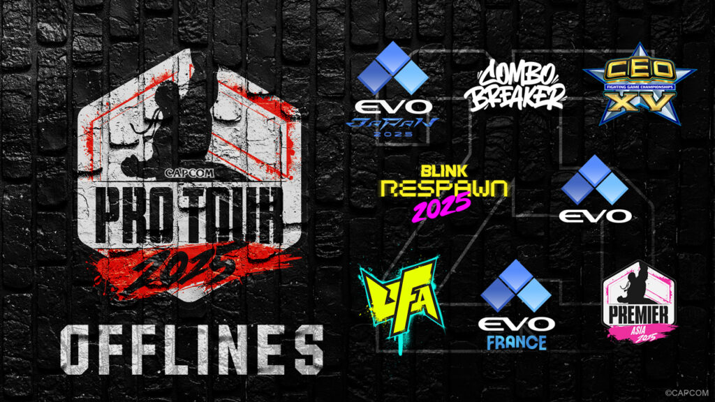 The image shows offline events that host tournaments of the Street Fighter 6 Capcom Pro Tour 2025 series: logos of these fighting games esports events.