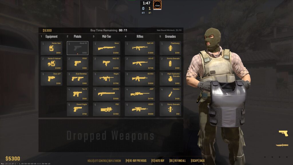 The CS2 buy menu for the Terrorist side, and important part of the game's economy.