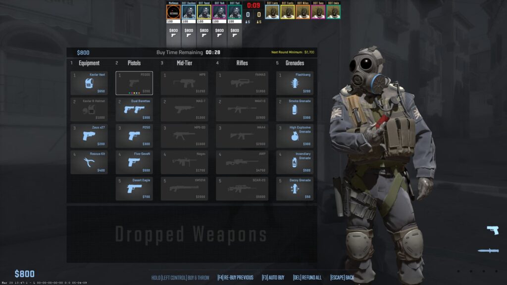 The CS2 buy menu for the Counter Terrorist side, and important part of the game's economy.