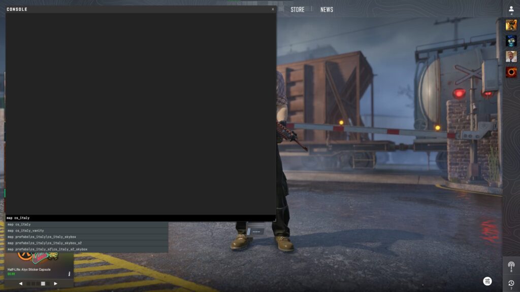 Type in a map name in the developer console to start a server to 1v1 a player in CS2