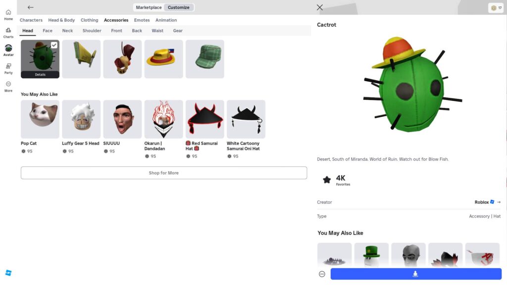 Cactrot accessory on Roblox