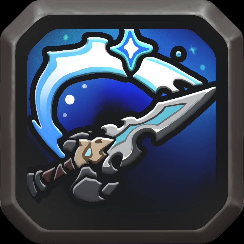 Death Grip icon for Arthas AKA the Lich King in Warcraft Rumble. It resembles an Frostmourne, which is an icy sword.