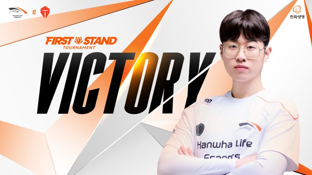 A poster for the victory of Hanwha Life Esports on Day 1 of the LoL esports event First Stand 2025. It features the League of Legends player Zeus.