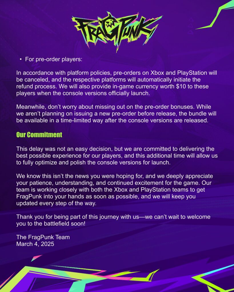 FragPunk announces console release delay just days before launch