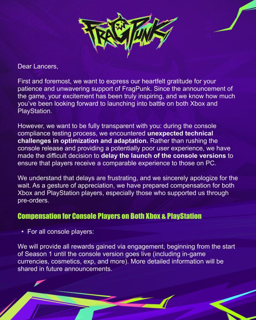 FragPunk announces console release delay just days before launch