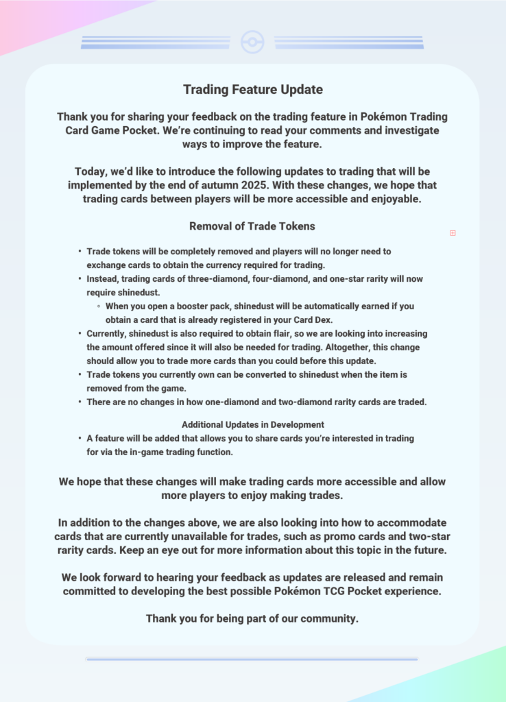 Pokémon TCG Pocket to remove trade tokens and require shinedust for trades