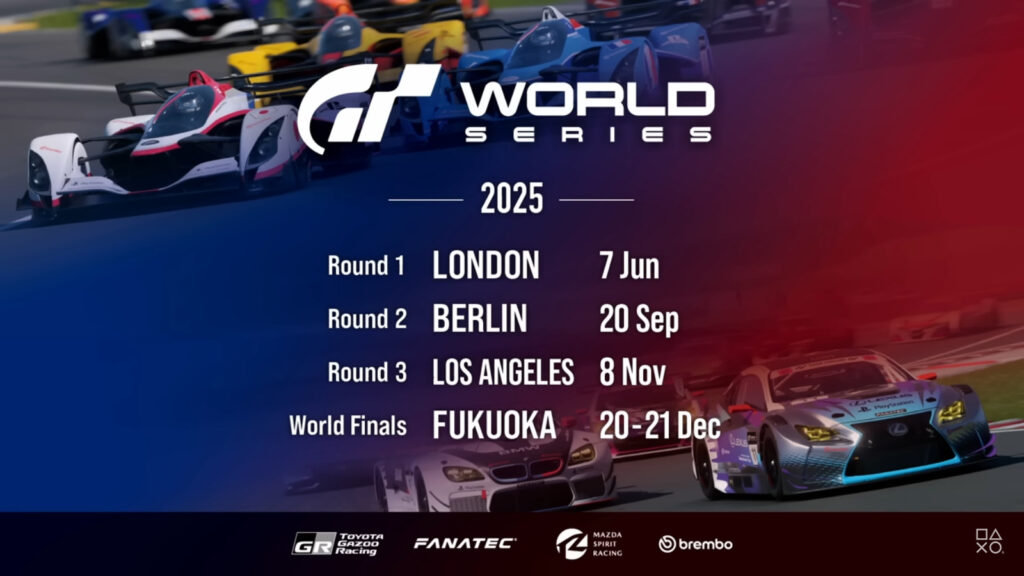 The image features the detailed schedule of online qualifiers in the racing esports Gran Turismo World Series 2025.