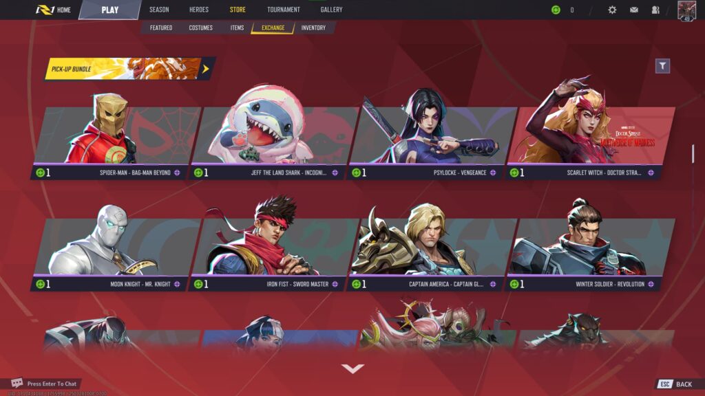 The Exchange tab in the Marvel Rivals store, with the pick-up bundle banner at the top.