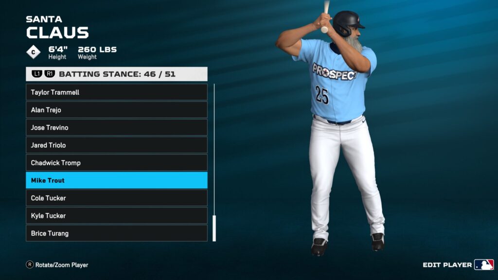 Mike Trout's batting stance, the best in MLB The Show 25, selected for a custom player in RTTS.