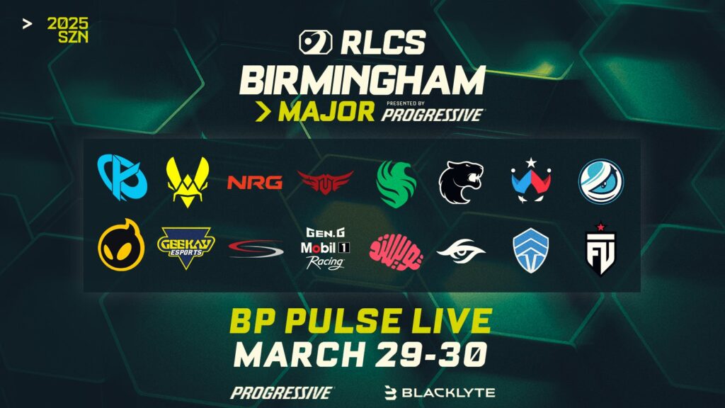 The image features logos of all 16 teams that qualified for the Rocket Leagues esports event RLCS 2025 Birmingham Major.