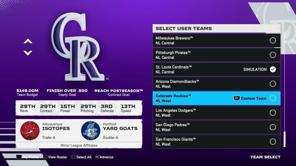 Colorado Rockies, one you should rebuild in Franchise mode in MLB The Show 25.