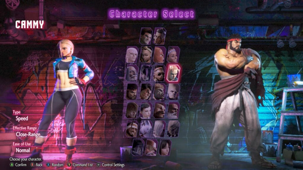 The screenshot from Street Fighter 6 shows the character selection screen: all SF6 characters.