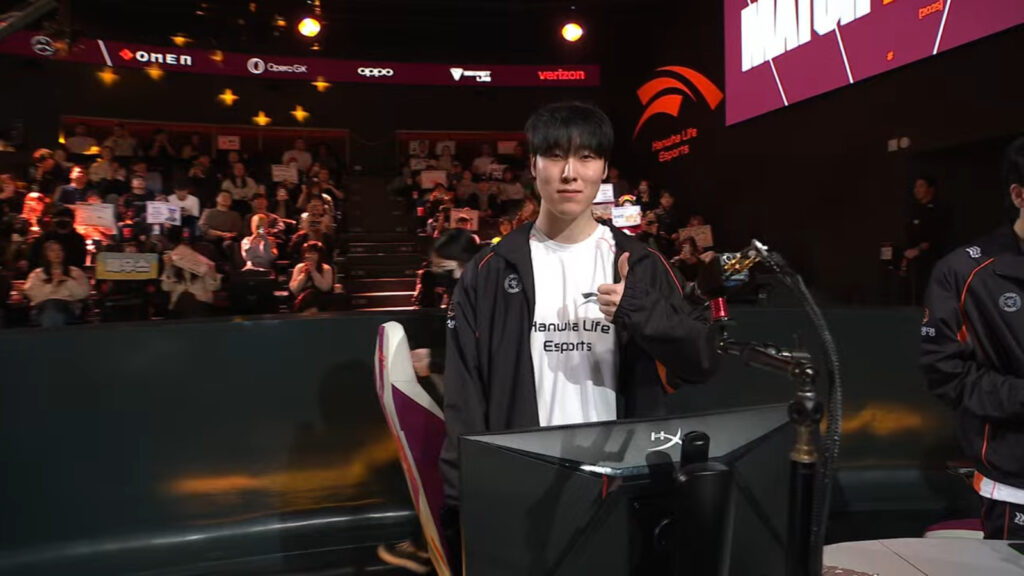 The LoL esports player from the team Hanwha Life shows a thumbnail after their match vs the team CTBC Flying Oyster at the League of Legends event First Stand 2025.