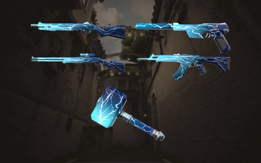 All of the weapons in the Smite 2.0 bundle in VALORANT.