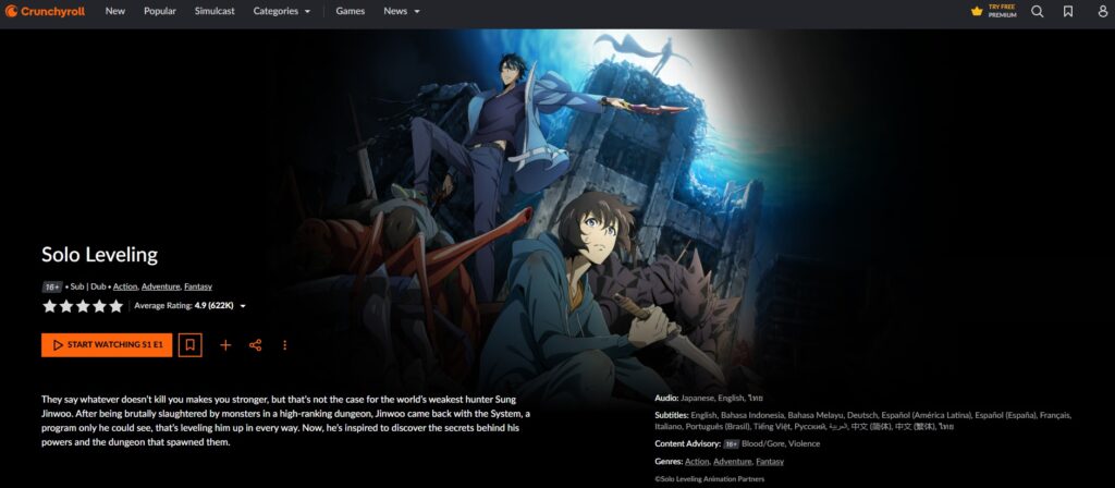 Solo Leveling recorded 622,000 ratings, as per Mar. 19.