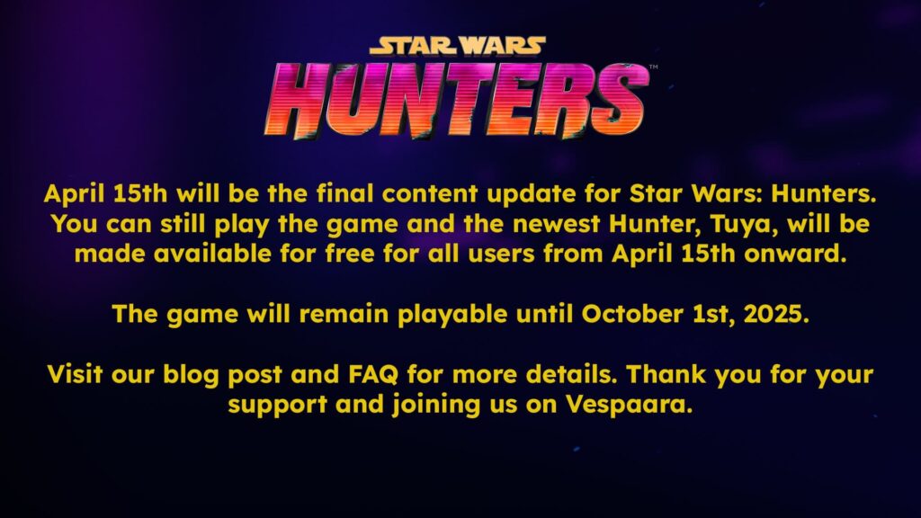 The message from Zynga about Star Wars: Hunters being shut down.