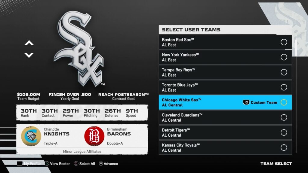 Chicago White Sox, one you should rebuild in Franchise mode in MLB The Show 25.