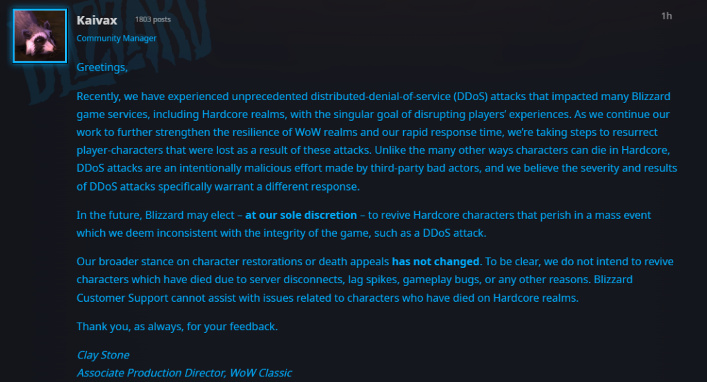 WoW hardcore resurrection after DDoS