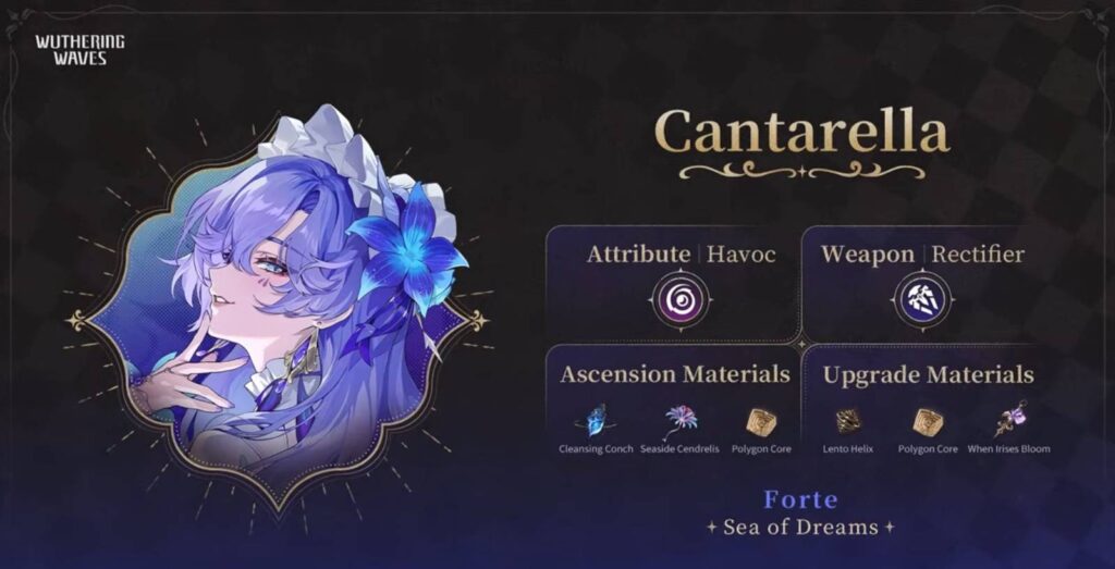 The image features a new character in the game Wuthering Waves: Cantarella, alongside her attributes and ascension materials.