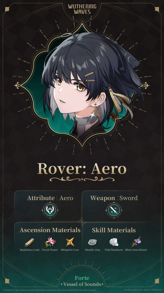 The image shows details of a new form of Rover, Aero, in the game Wuthering Waves 2.2 - attributes, and materials.