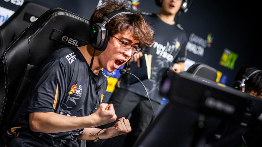 A Lynn Vision CS2 player shouts after winning a round at ESL Pro League.