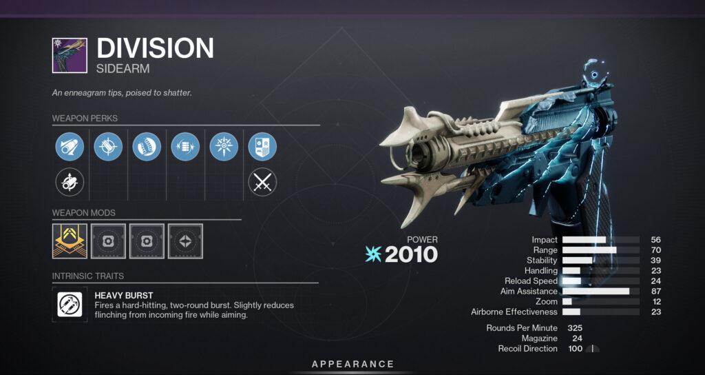 The Division sidearm in Destiny 2 with perks displayed.
