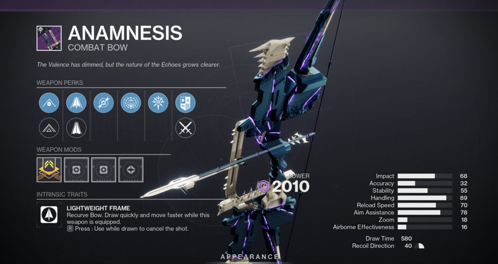 Anamnesis bow in Destiny 2 with perks.