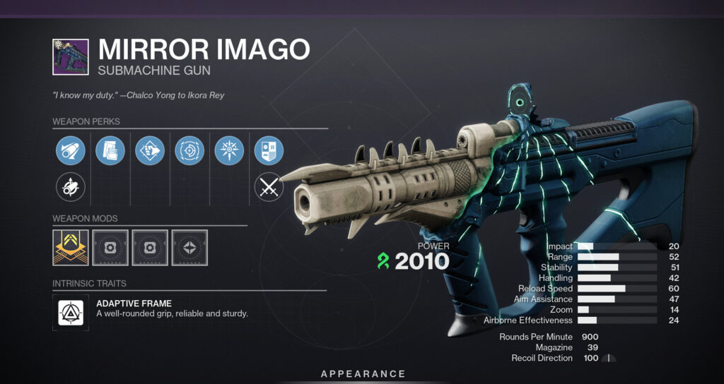 The Mirror Imago SMG in Destiny 2 with perks.